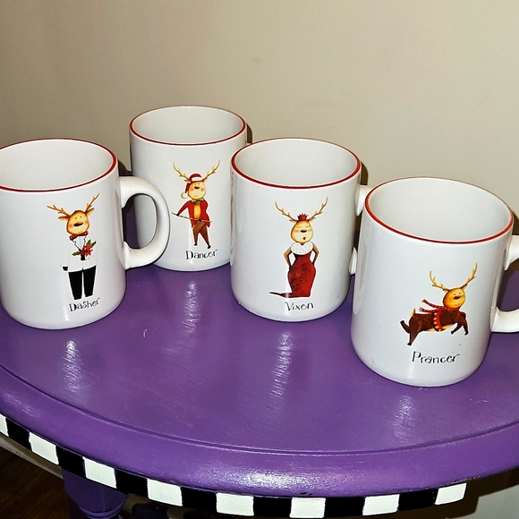 Set Of 4 Christmas Santa Clause Sleigh Reindeer Coffee Cups By Rainbow M…
